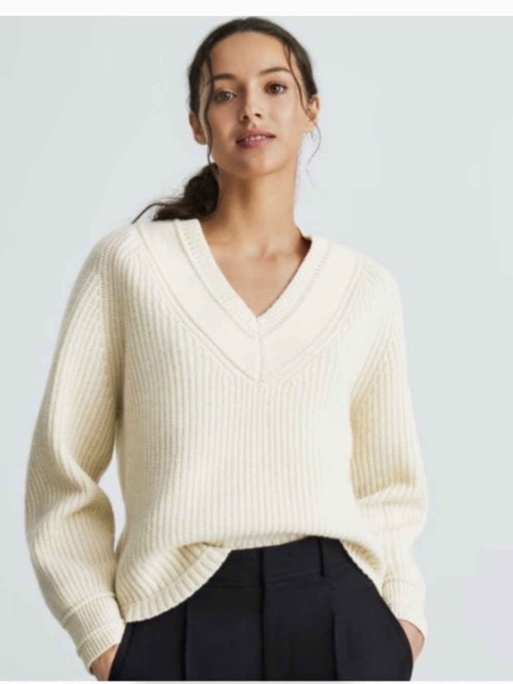 Everlane 100% Wool Ribbed V Neck Sweater Cream Ivory Cropped Boxy Women’s Small